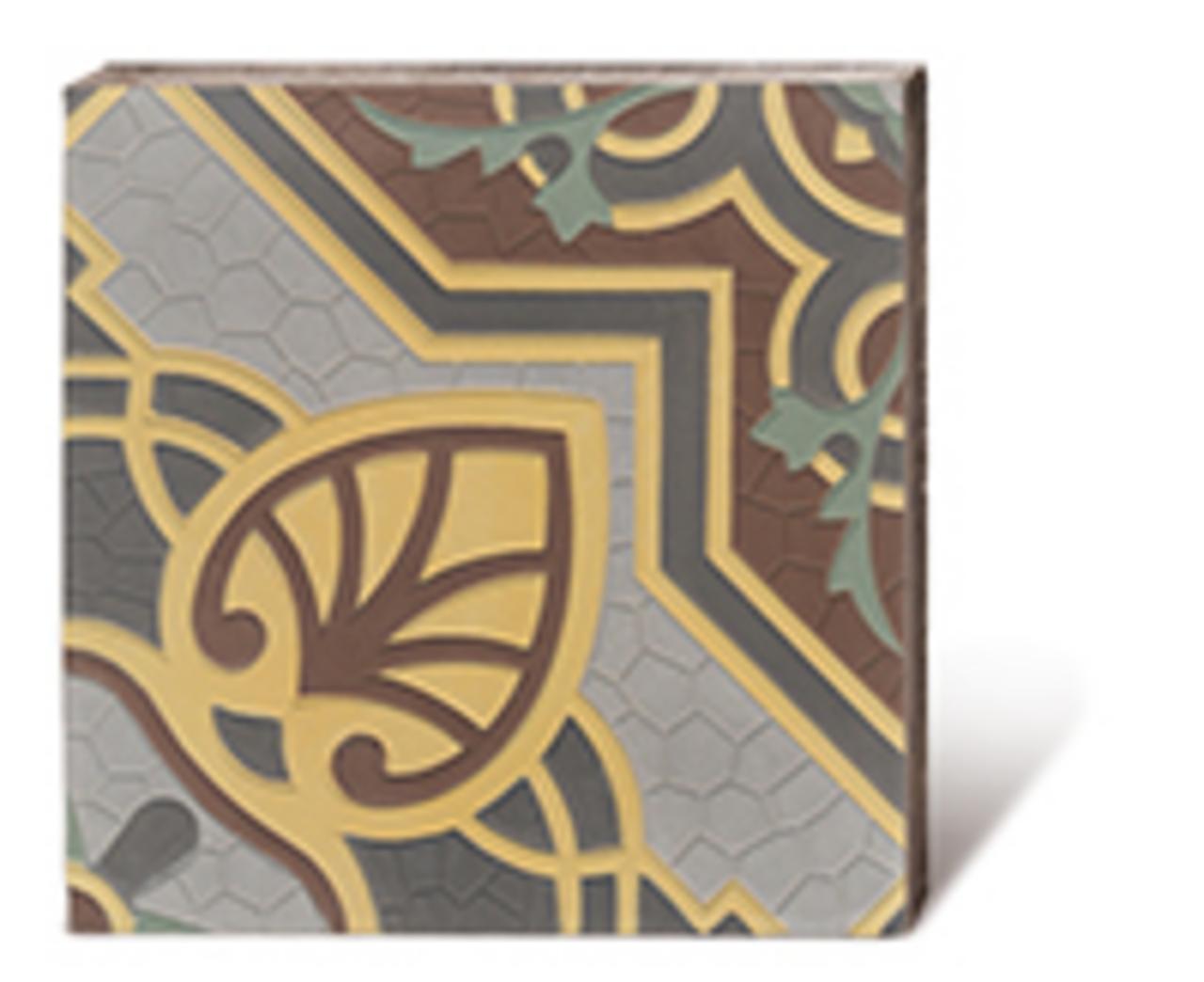 Zementmosaikplatte mit bunt floralem Design.