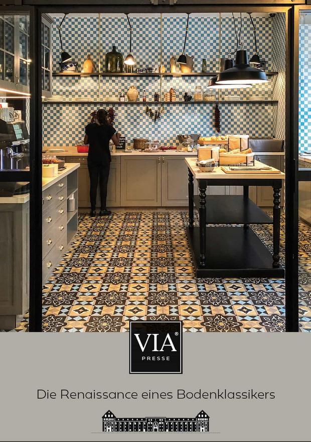 Header VIA Press Kit Hotel lobby with VIA cement mosaic tiles on floor and wall