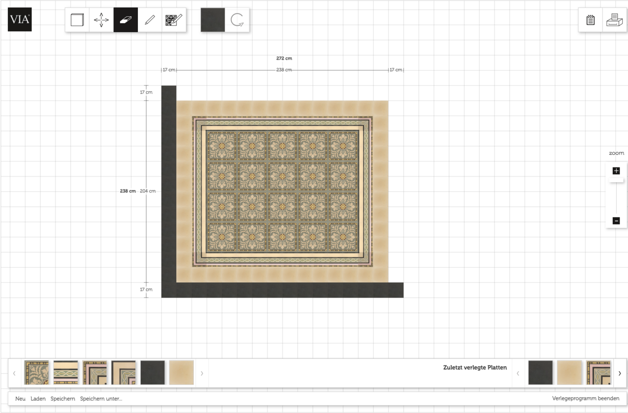 Screenshot Verlegeplaner mit historischem Muster einer Zementmosaikplatte von VIA